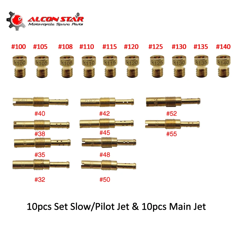 Alconstar- 10pcs Set Slow Pilot Jet & 10pcs Main Jet For PWK Keihin OKO KOSO Mikuni PE CVK Carburetor Carburedor Vice injectors