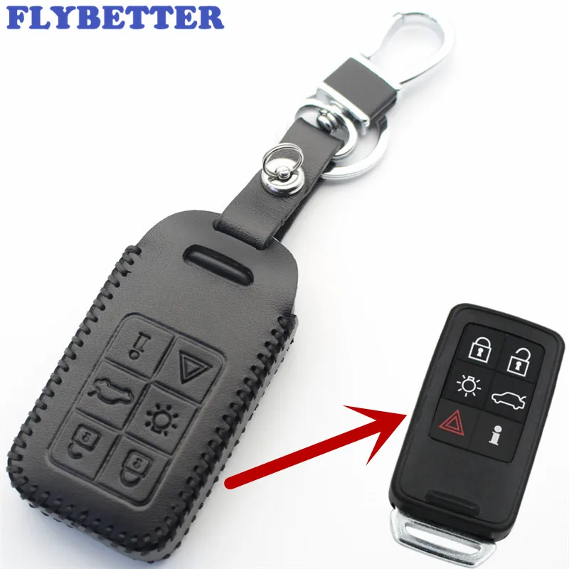 FLYBETTER Genuine Leather 6Button Keyless Entry Smart Key Holder Case Cover For Volvo S60/S80/V60/XC60/XC70 Car Styling L2006