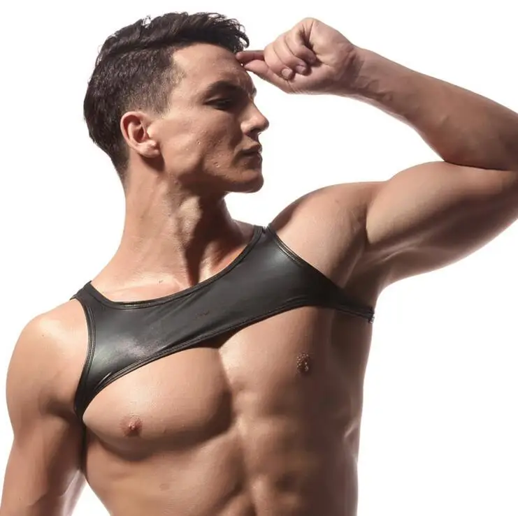 Men\'s short vest Show bar night dance The private ordering Sexy backless Workout clothes sleeveless Leather
