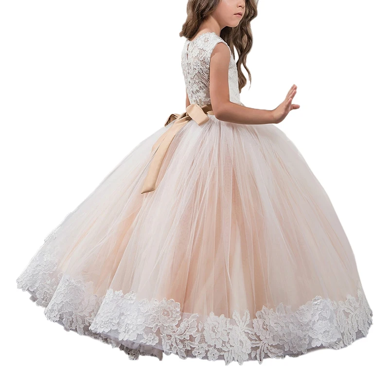 Kids Holy Communion Dresses For Wedding Birthday Party Bling Bling Crystals Belt O Neck Bow Button Flower Girl Long Pageant Gown