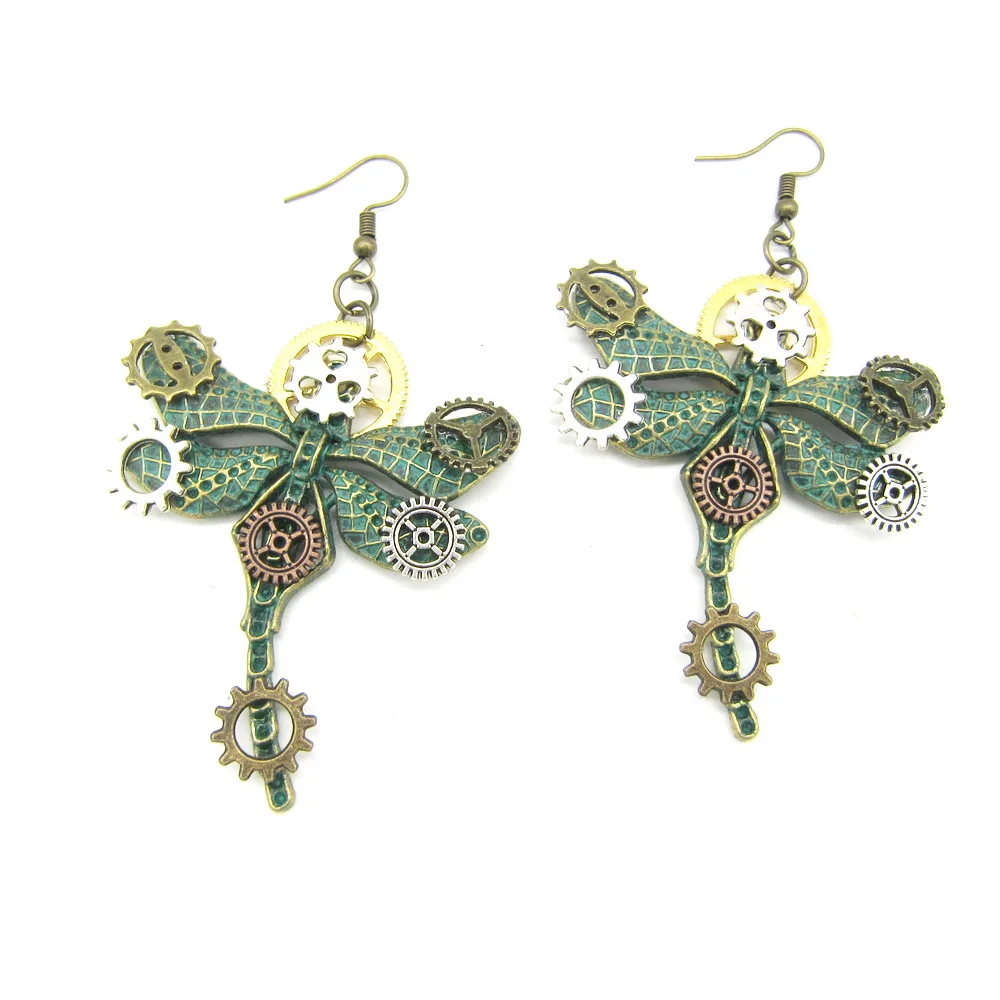 Cykopv التصميم الأصلي الأخضر الثور خمر اليعسوب Steampunk انخفاض القرط DIY اليدوية التبعي