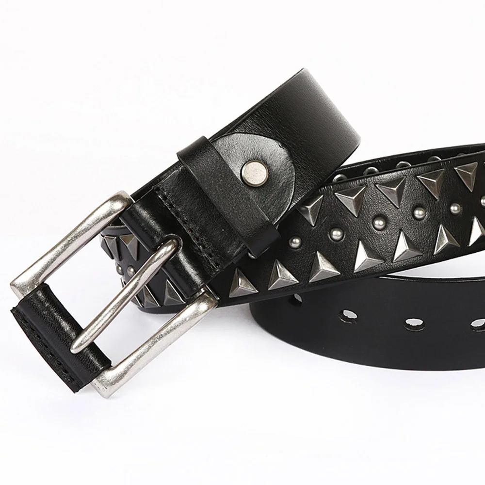 

Black Trendy Men's Genuine Cowhide Metal Rivets Pin Shaped Buckle Belt Male Waistbands Real Cow Leather Jeans Cowskin Punk Belts