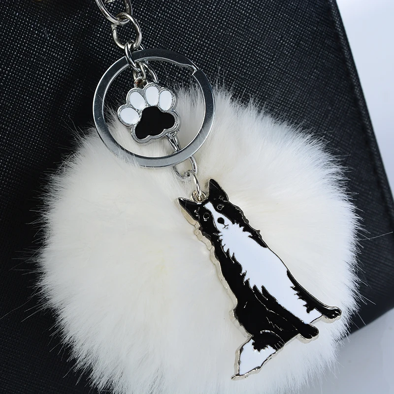 Rabbit Fur Pompom Border Collie Key Chains For Women Men Alloy Pom Pom Ball Dog Pendant Bag Charm Keyring Car Keychain Key Ring