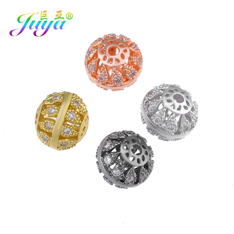 Juya Handmade Women\'s Jewelry Beads Decorative 10mm Beads Micro Pave Zircon Hollow Charm Beads For DIY Earrings Bracelets Making