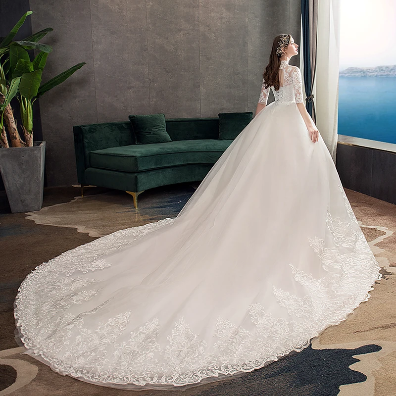 Robe de Mariée en Dentelle Brodée avec Grande Traîne, Tenue Vintage à Col Haut et Demi-Manches, pour Patients, 2023