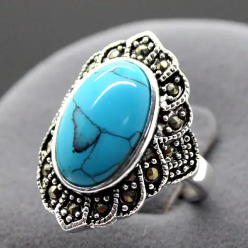 

wholesale Fashion Natural Tibetan Natural Turquoise 925 Sterling Silver Ring Jewelry Size 8 9 10