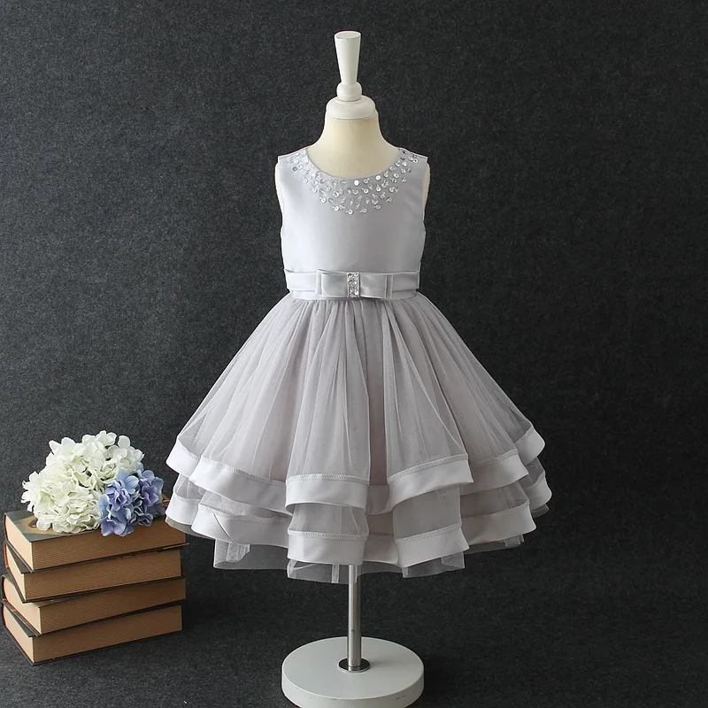 Layered Brithday Girl Dress Weddings Bow Gray Flower Girl Vestido  Party Girls Clothes of 3 4 6 8 10 12 Years Old RKF184081