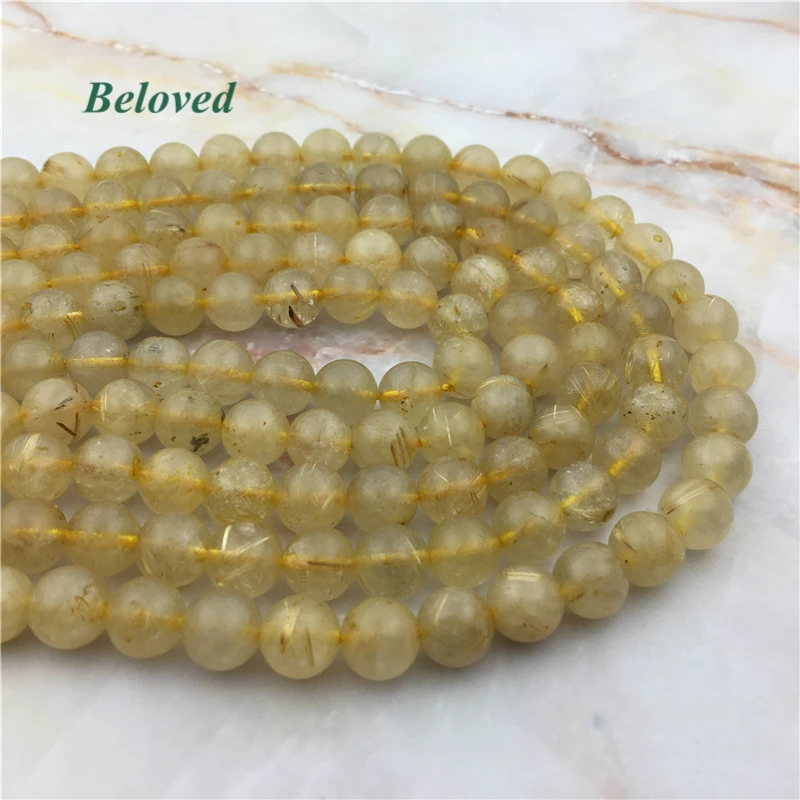 Genuine Round Gold Rutilated Quartz Loose Beads, Smooth Hair Stone Divergent Crystal Gems Bead For Jewelry DIY, BG18133