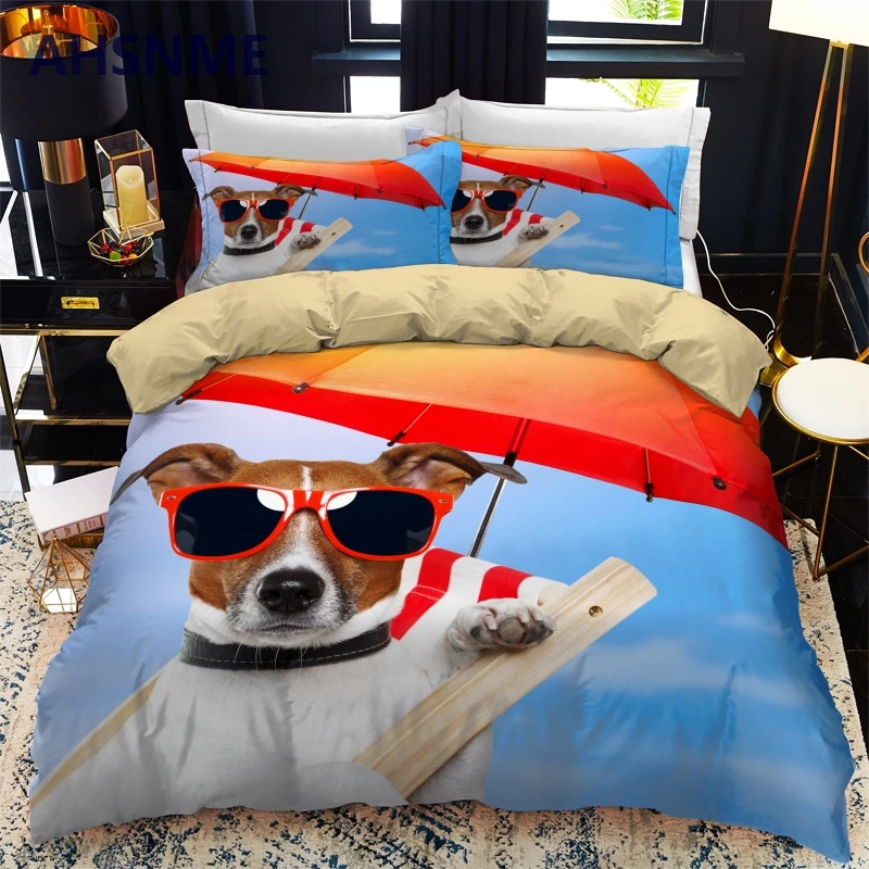 

AHSNME Cute Puppy Bedding Set Pet Dog Duvet Cover + Pillowcase King Queen Size Bedclothes Customize Design