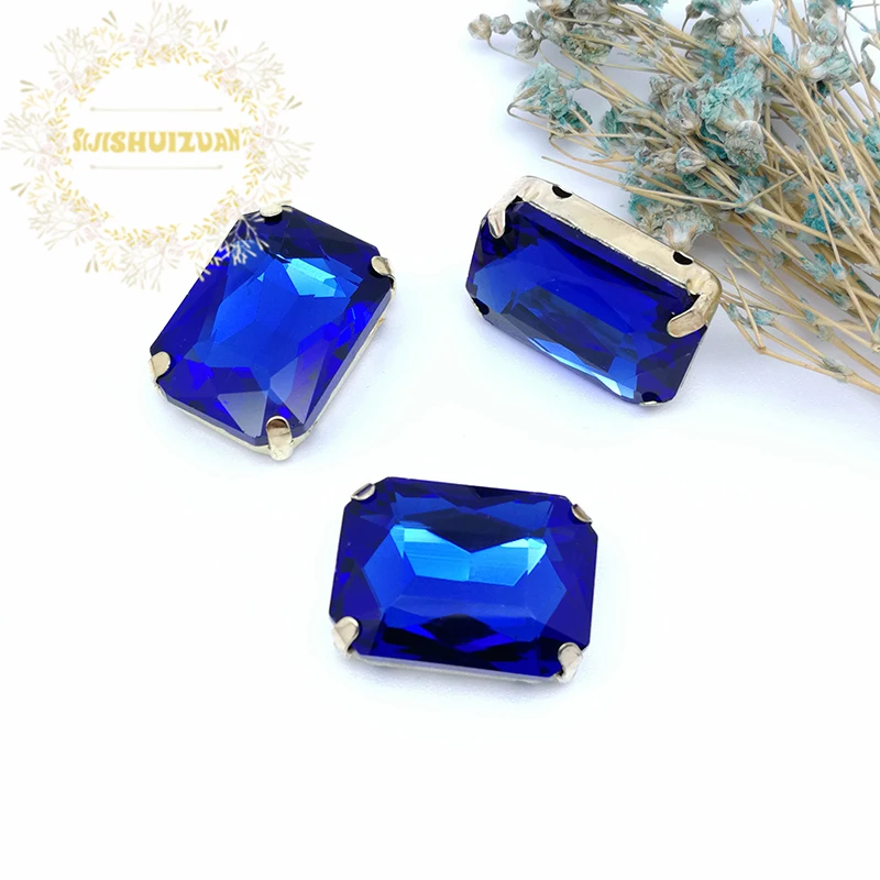 Sapphire blue Rectangular Crystal Glass Sewing Rhinestones with gold Claw Rhinestones for Diy wedding Dress and Bags