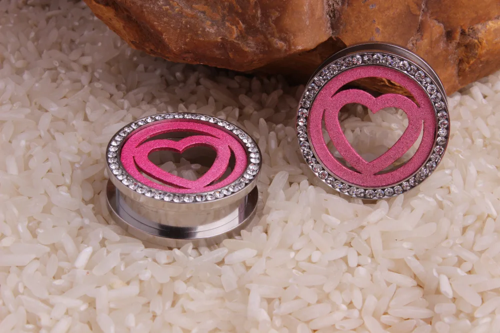 Fashion Body Piercing Jewelry 316L Steel Ear Gauge Plugs Flesh Ear Tunnels Lobe Expander Stretcher Pink Heart Piercing Oreja