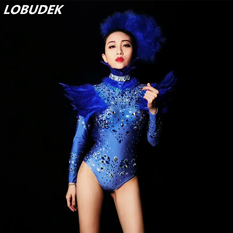 Blue Feathers Rhinestones Bodysuit Sexy DJ Dancer Bar Singer Performance Clothes Nightclub Bar Party Show Stage Costume