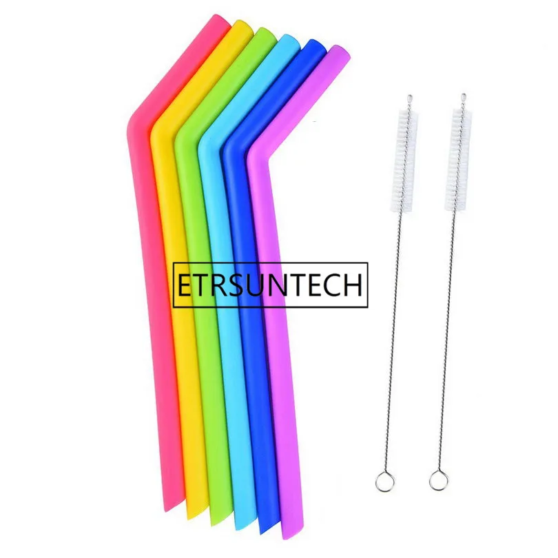 100sets 6pcs Reusable Silicone Straw Drinking Straw For Home Party Barware Accessories with 2 Clean Brush Set