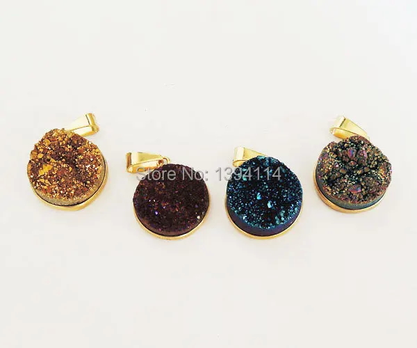 

Titanium Coated Crystal Druzy Flat Round Pendant Bezel Setting Gold Plated Approx 20mm