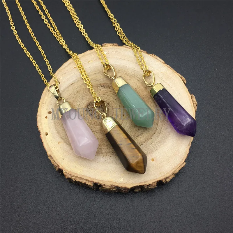 MY0805 Mix Stone Pillar Point Pendant Necklace,Gold Color Chain Crystal Tiger Eye Aventurine Amethysts Pendant Necklace   kolye