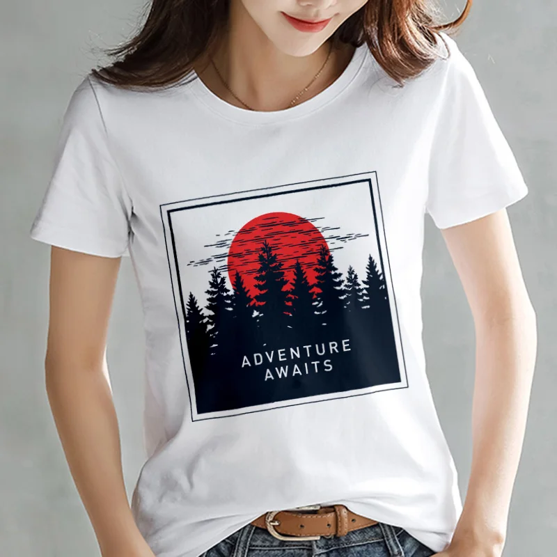 

2019 new summer T shirt women sun forest retro printed Tshirt Harajuku thin section white shirt women's short-sleeve T-shirt top