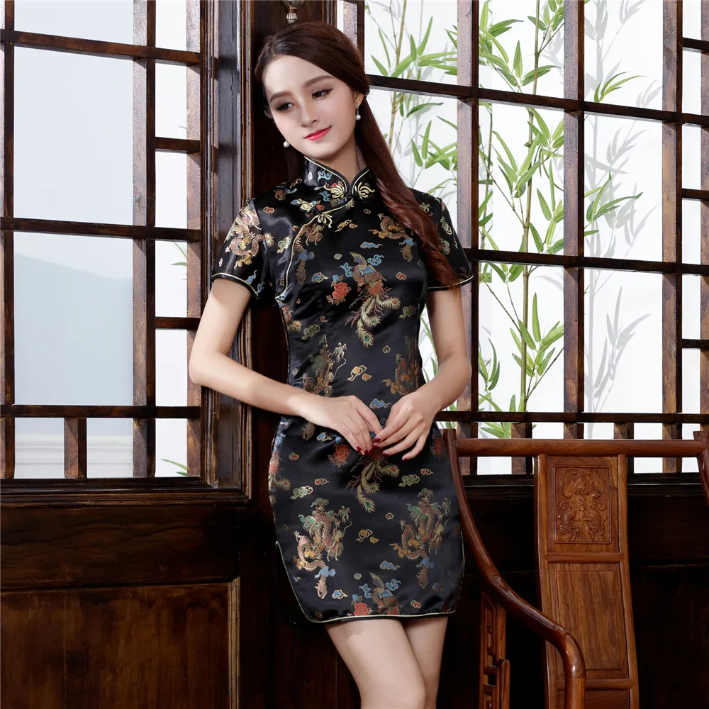 특대 파란색 새 꽃 미니 qipao 클래식 만다린 칼라 새틴 cheongsam 중국어 번체 여성 수제 단추 드레스