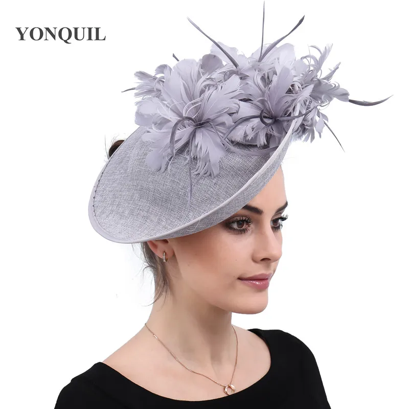 Grey Millinery Caps With Headbands Accessories Imitation Sinamay Derby Cocktail Hat Women Bridal Hair Fascinators Feather Fancy