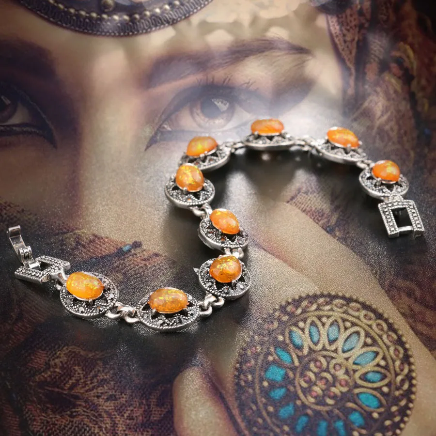 Wbmqda 2018 New Vintage Orange Opal Oval Beads Bracelet Silver Color AAA Crystal Bracelets For Women Fashion Party Jewelry Gift