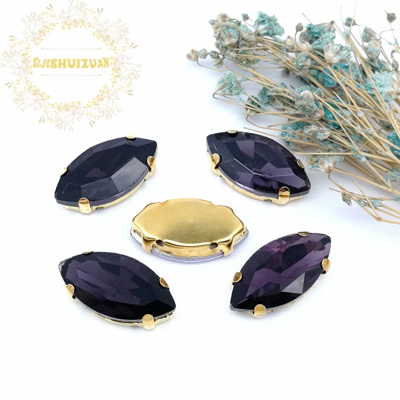 Classic Style Shiny Deep Purple Horse Eye Glass Crystal Sew On Rhinestones With Gold Claw Diy Wedding Dress Accessories