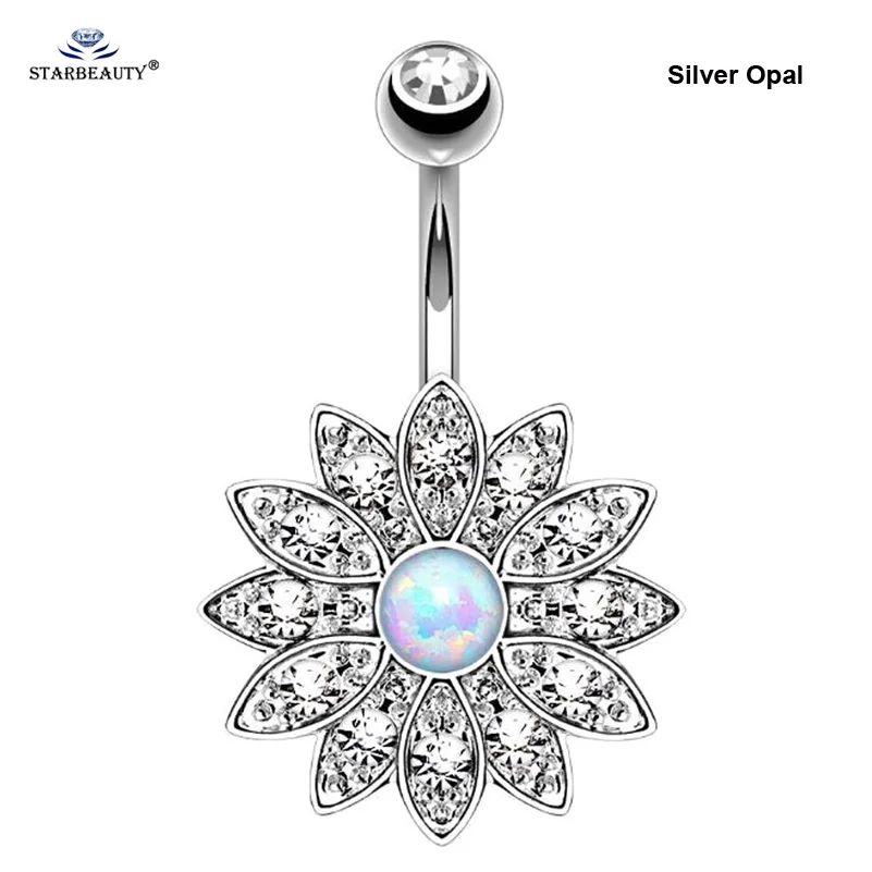 1Pc White Opal Lotus Belly Button Rings Navel Piercing Ombligo Stainless Steel 1.6x10mm Bar Flower Belly Ring Pircing Earring