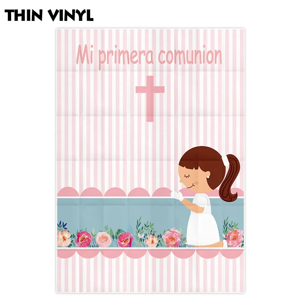 Allenjoy photography backdrop pink first holy communion decoration girl stripes cross background photocall photobooth custom