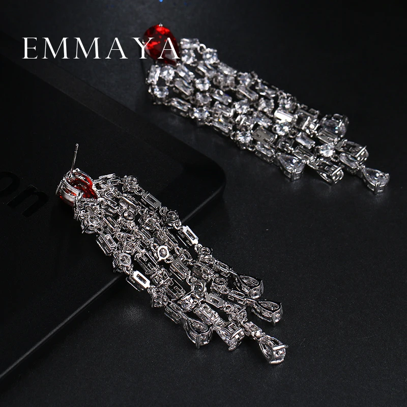 Emmaya Luxury Red Green Clear Blue Long Earrings For Women Wedding Party Drop AAA Shiny Cubic Zirconia Tassel Dangle Jewelry