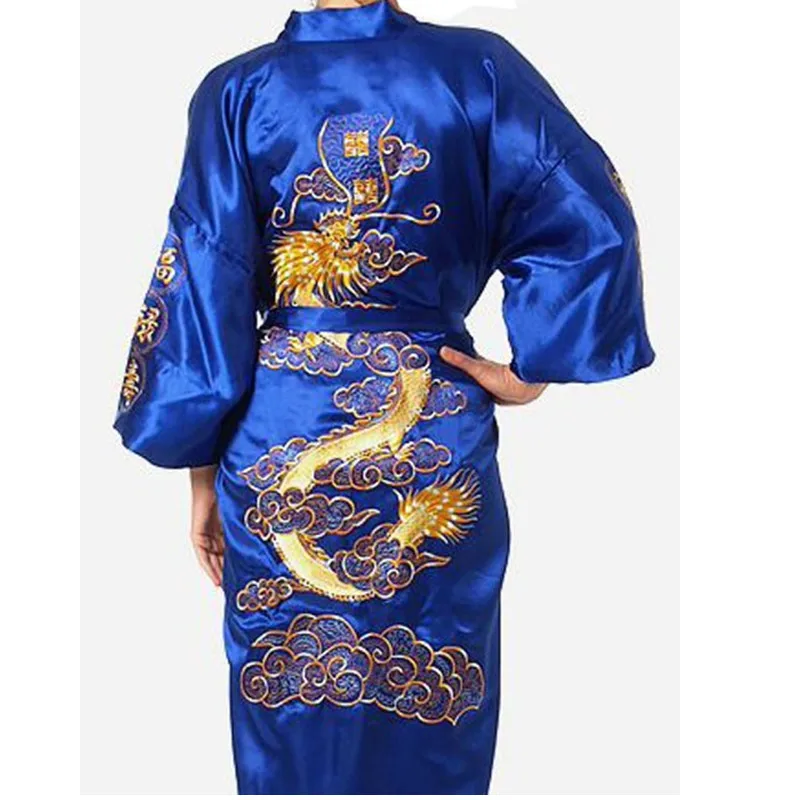 Black Chinese Men\'s Satin Silk Embroidery Robe Kimono Bath Gown Dragon Size S M L XL XXL XXXL S0011