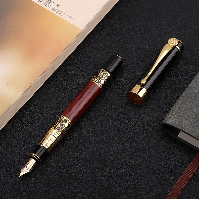 High Quality Plumas Golden Carving Mahogany Luxury Business School Student Office Supplies Fountain Pen New Ink Pen