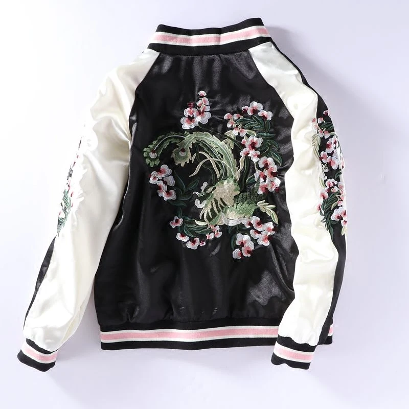 Double Side Face Wear Pink Sakura Embroidery Satin Cardigan Coat Tops Women Autumn Winter Street Casual Baseball Jackets Cloth