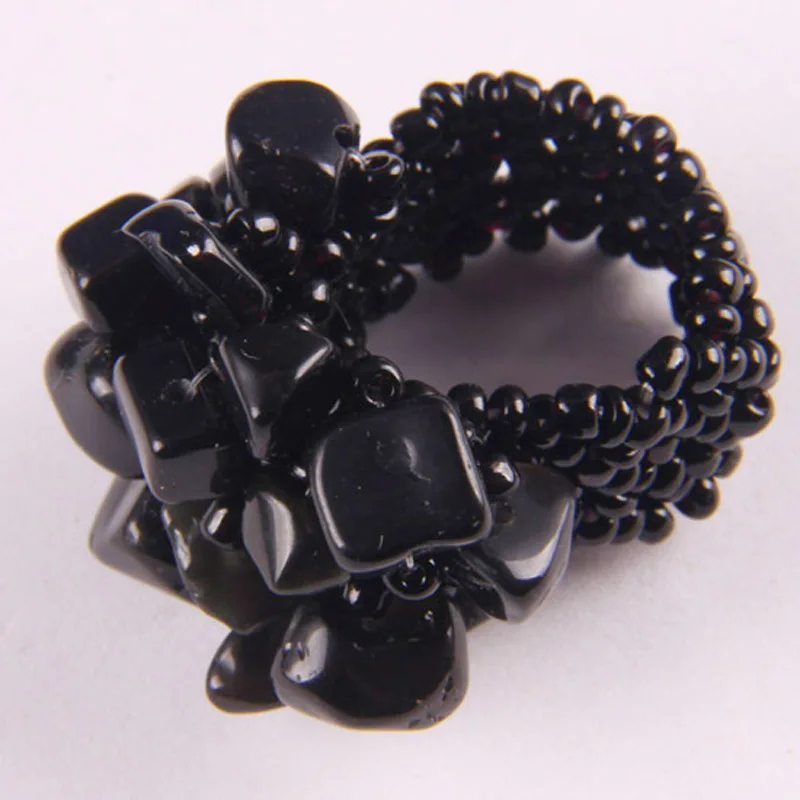 Elastic Black Obsidian Bead Finger Ring Stretch Size 8-9 Jewelry For Woman Gift X014