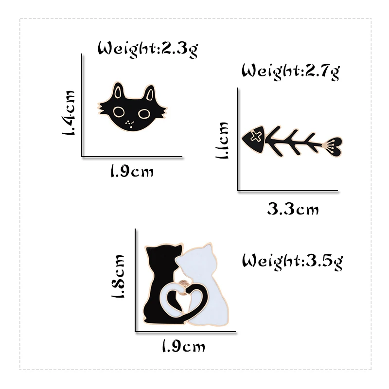 shshd Cartoon Black White Cat Fish Bone Brooch Animal Enamel Pins for Women Men Shirts Lapel Pin Badge Couple Jewelry Lover Gift