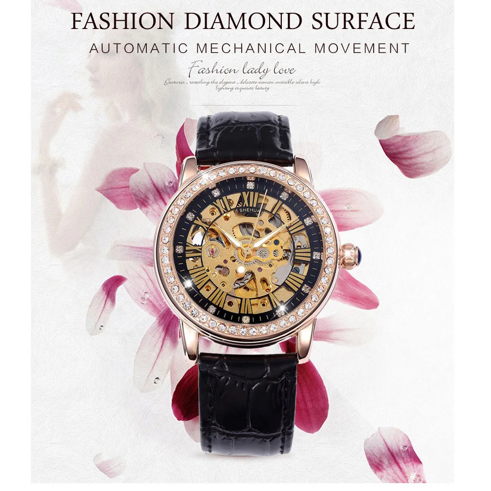 New Automatic Womens Watches Self-Wind Skeleton Watches for Women Luxury Brand Waterproof Mechanical Rhinestone Watches Leather