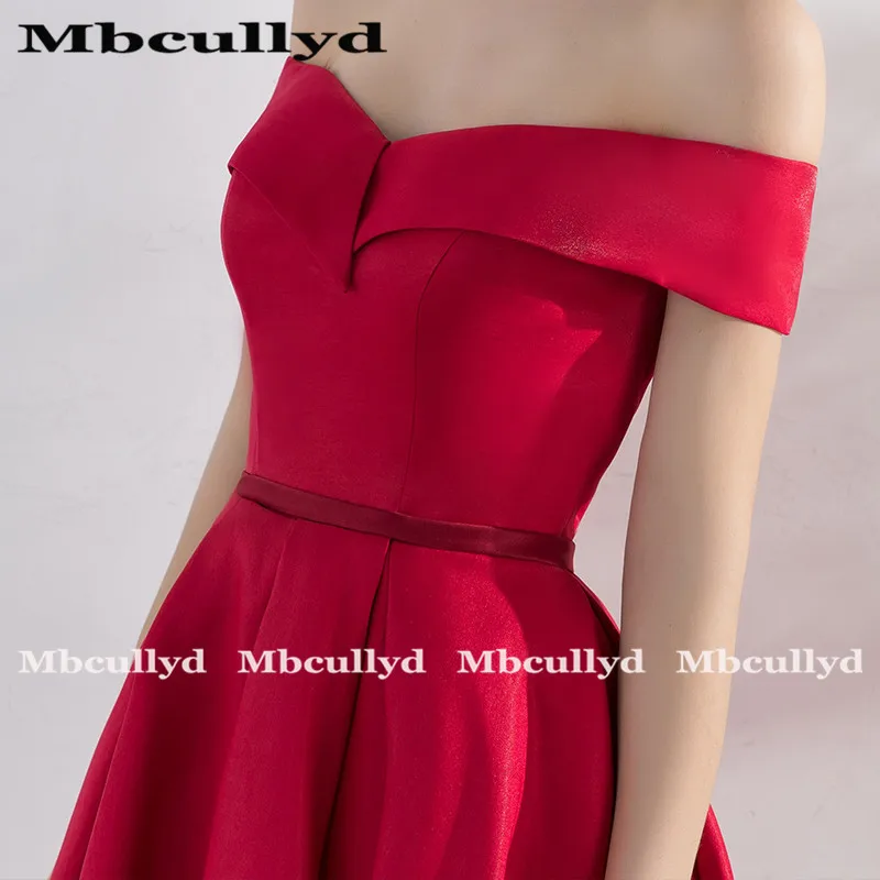 Mbcully-elegante vestido de fiesta rojo Simple para mujer, vestido Sexy de satén con hombros descubiertos para ocasión especial, vestido de gala, oferta barata, 2020