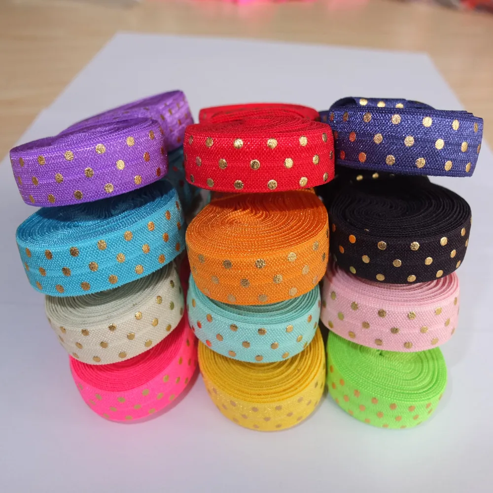 5 Yards Gold Foil Dots Elastic bands 5/8''Fold Over Elastic Ribbon Apparel Sewing Elastic Fabric Hair Elastic Headband Hair bow