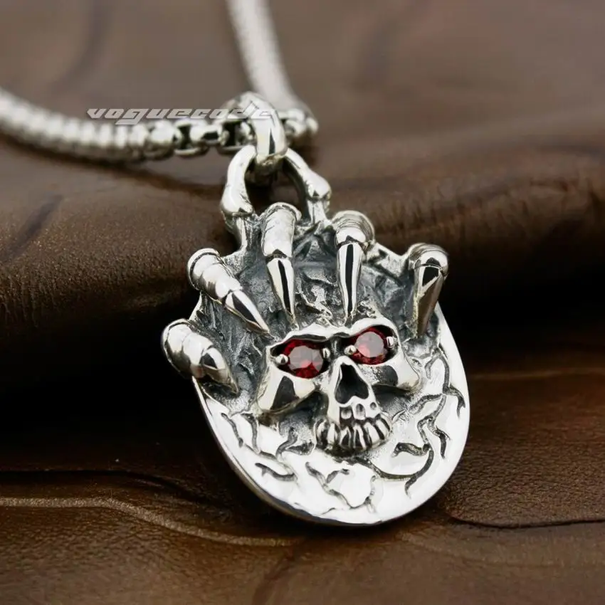 LINSION 925 Sterling Silver Claw Skull Red CZ Eyes Mens Biker Rock Punk Pendant 8X017