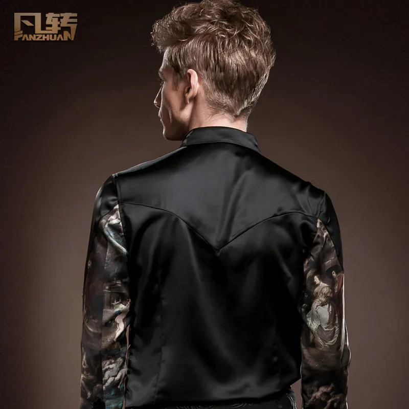 FANZHUAN Free Shipping autumn casual New man male men's long sleeved black slim Character Pattern Printing Stitching shirt 14220