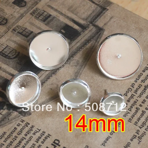 

Free shipping!!! EP070 500sets 14mm Silver Plated Stud Earring Blanks Base Tray Bezel Cameo Setting Post Bullet Stopper Back