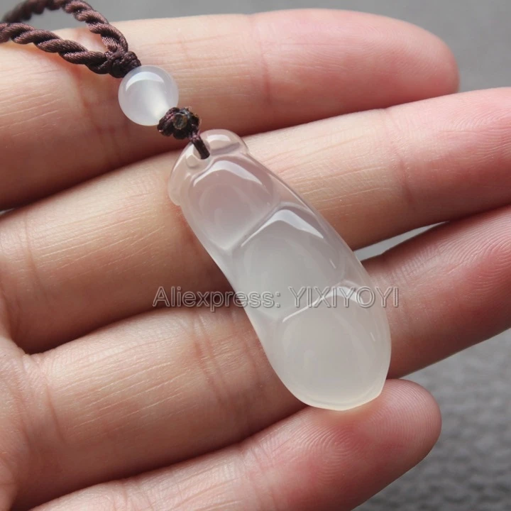 Beautiful Handwork Natural White Agate Jade Carved Chinese Bean Beads Lucky Blessing Pendant + Rope Necklace Fine Jewelry