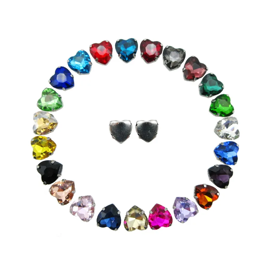 Mix color Glitter glass Crystal strass Silver claw setting heart shape Sew on rhinestones beads garments bags diy accessories