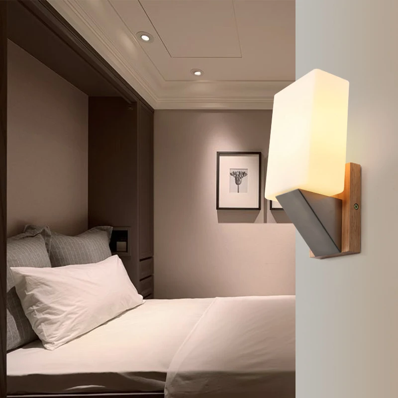 Modern Simplicity Japanese Style Bedside Wall Light Solid Wood Metal Plating Glass Lampshade Living Room / Bedroom / Aisle  E14