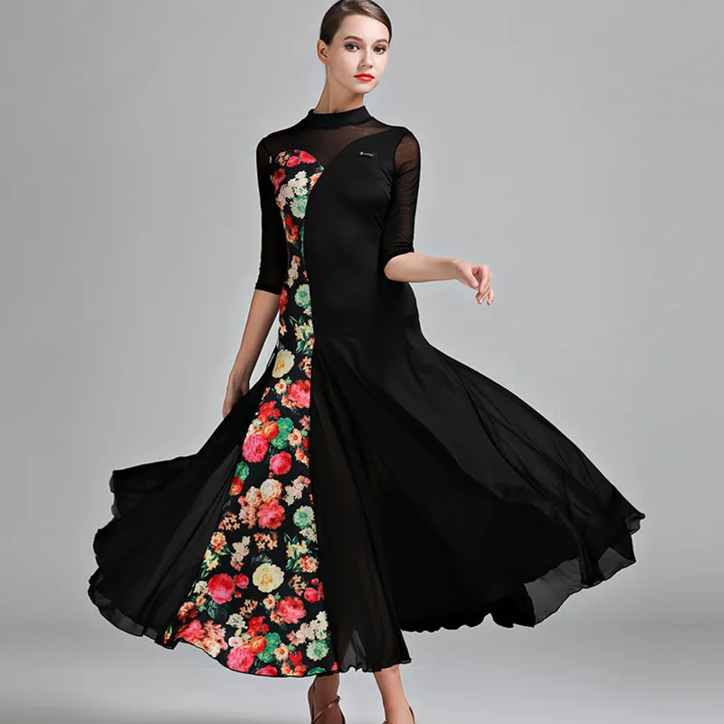 Floral Contrast Color Ballroom Dress Woman Waltz Dance Costumes Spanish Flamenco Dress Fox-Trot Party Ballroom Dance Clothes