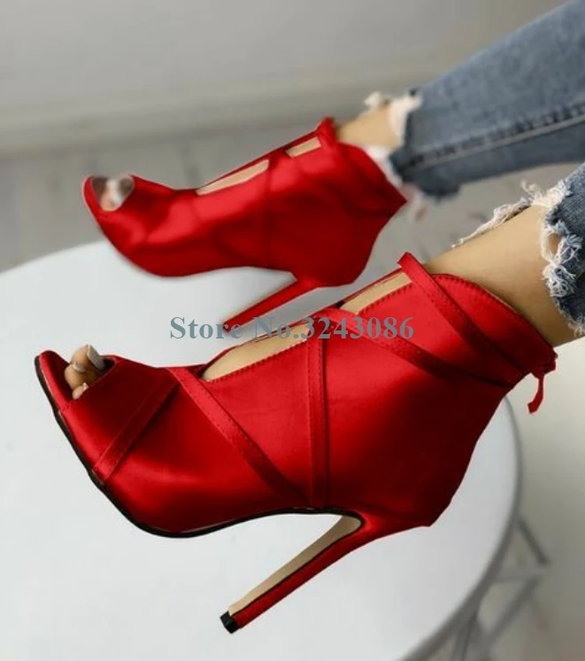 Peep Toe Narrow Band Thin High Heel Sandal Boots Red Pink Black Grey Satin Sandals Silk Back Zipper Stiletto Heel Ladies Shoes