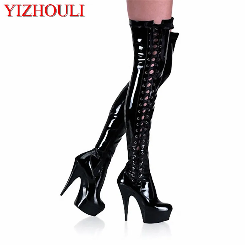 

15cm ultra high heels tall boots lacing round toe over-the-knee women's boots cutout dance shoes 6 inch sexy thigh high boots