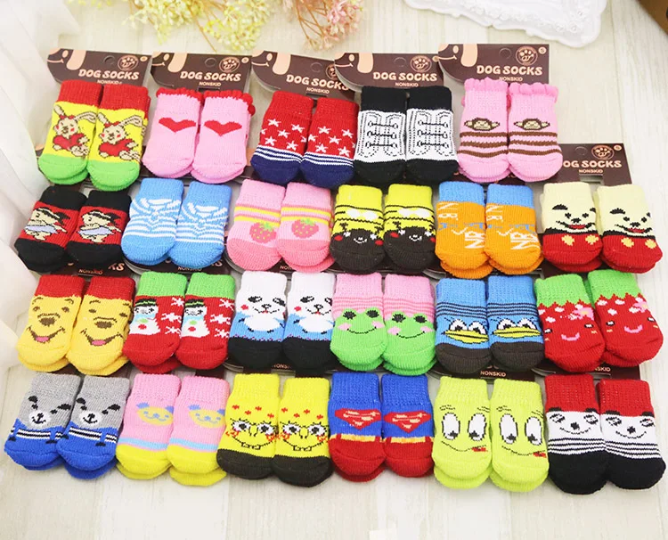 4 Feet Warm Puppy Dog Shoes Soft Acrylic Pet Knit Socks Cute Cartoon Non-slip Antiskid Socks For Puppy Pet Products