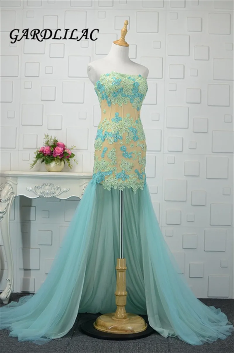 Mới Hình Ảnh Thật Dài Dạ Hội Đầm Hi Lo Homecoming Đầm Suông Voan Phối Ren Appliques Dạ Hội Vestidos De Noiva 2018