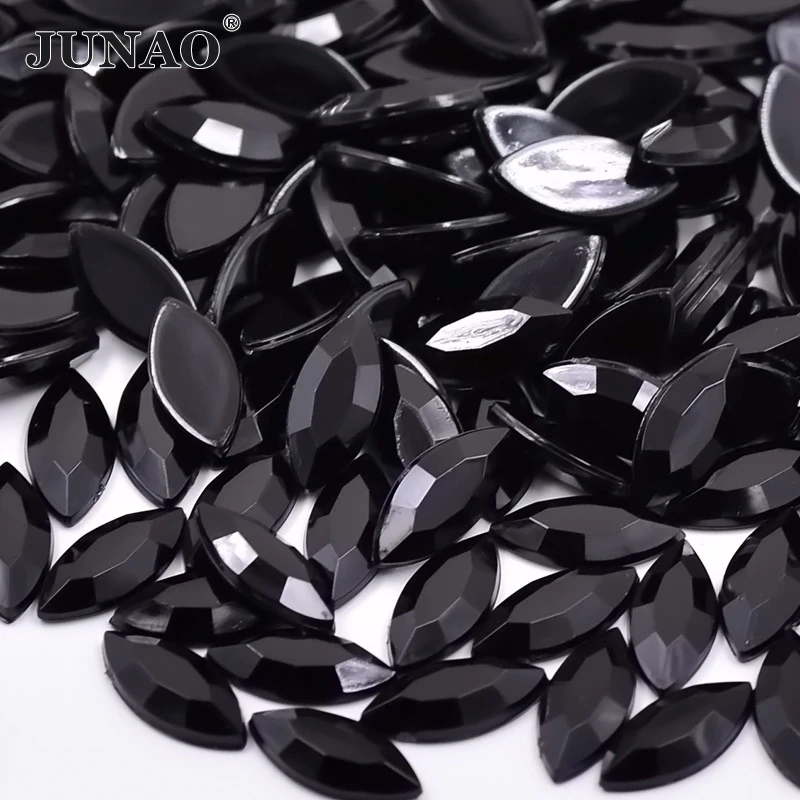 JUNAO 7*15mm Black Horse Eye Rhinestones Applique Flatback Acrylic Gems Non Hotfix Crystal Stones For Dress Jewelry Making