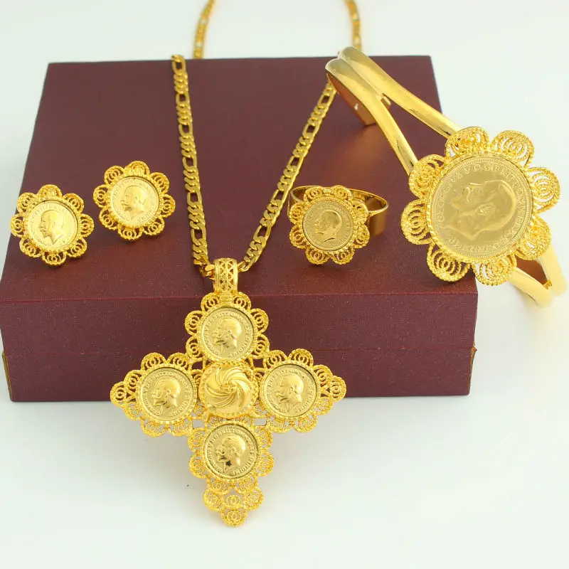 Nieuwste Ethiopische 5 stks Coin Cross Bruiloft Sieraden Sets 24 K Goud Kleur Bridal Romantische Habesha Sieraden voor Vrouwen Beste geschenken