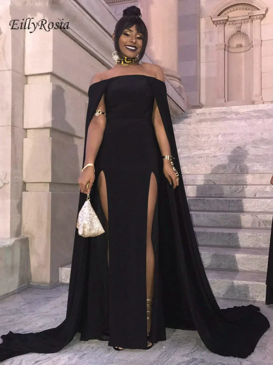 EillyRosia Sexy Prom Dresses Black Girl Side Split Sheath Off the Shoulder Capped Sleeve Chic Gala Dress vestidos largos 2019