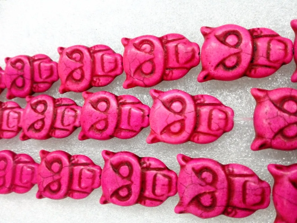 Total 13 pcs beads 32x20mm carved owl animal Bright deep pink howlite stone Loose Beads